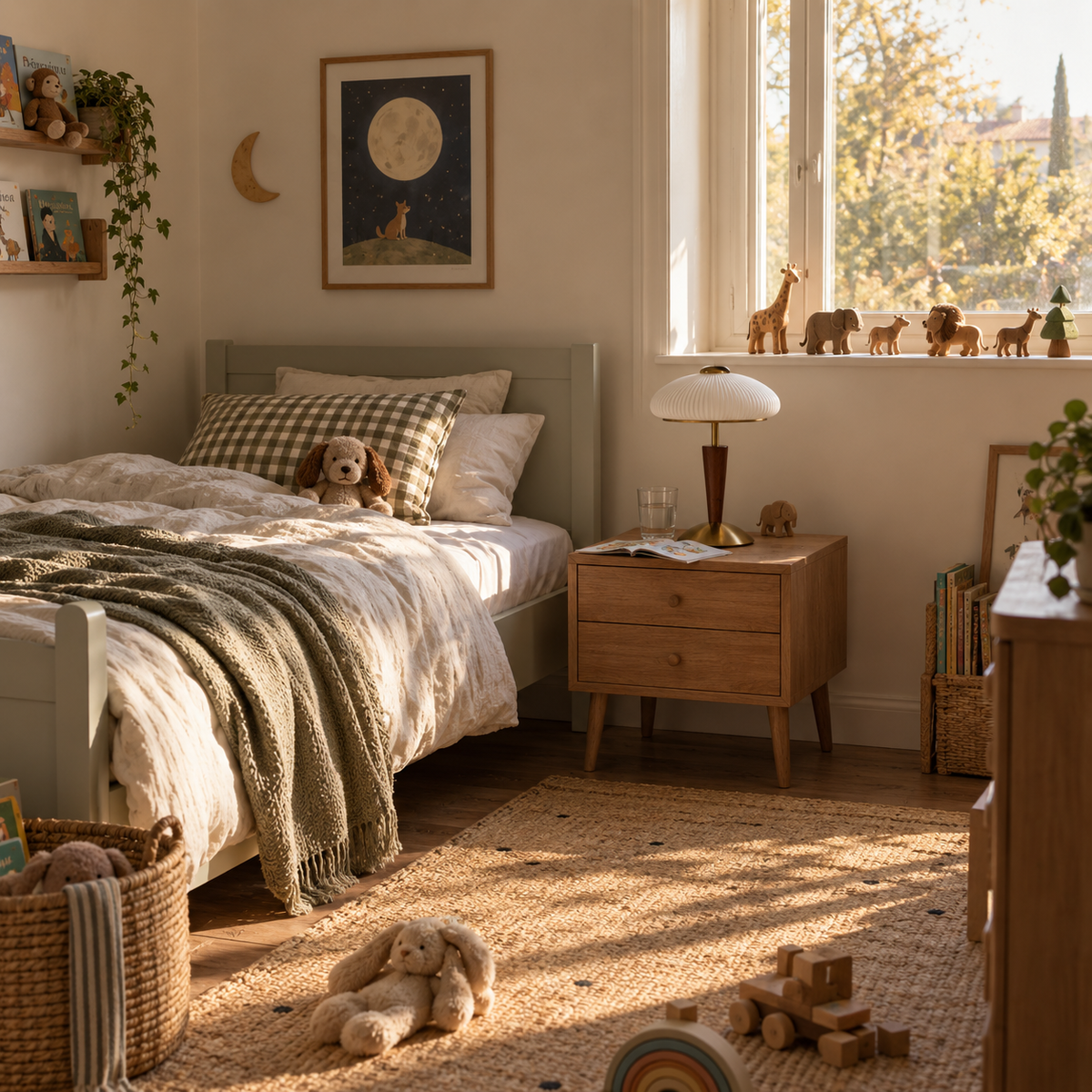 Arda fluted dome table lamp, walnut color & gold & white finishes, in a bedroom.