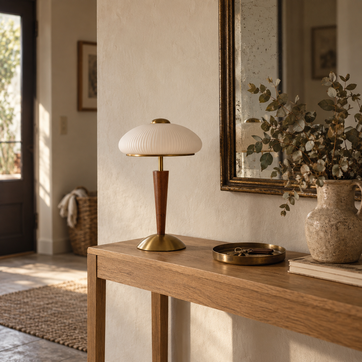 Arda fluted dome table lamp, walnut color & gold & white finishes, in an entrance hall.