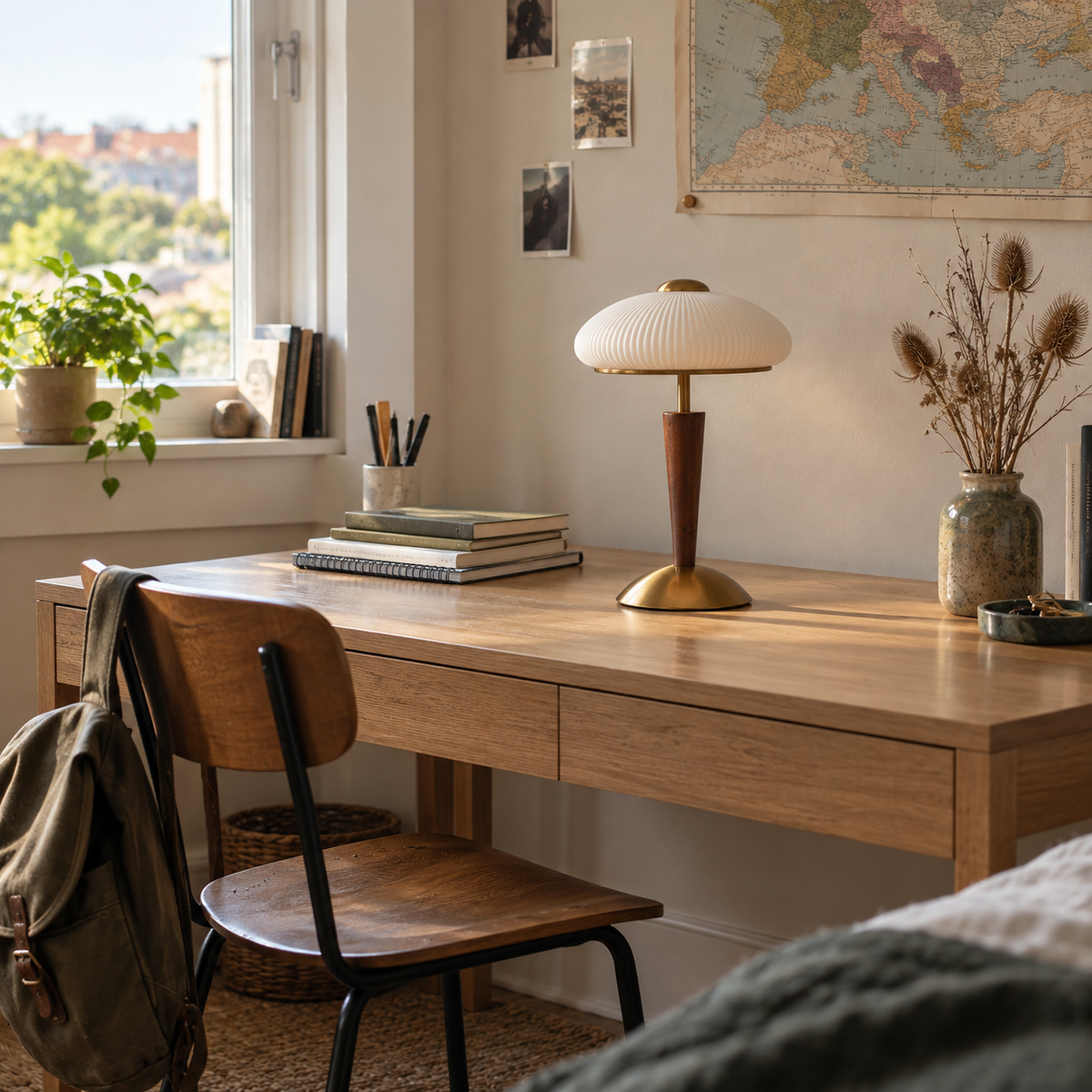 Arda fluted dome table lamp, walnut color & gold & white finishes, in a bedroom, beside a desk.
