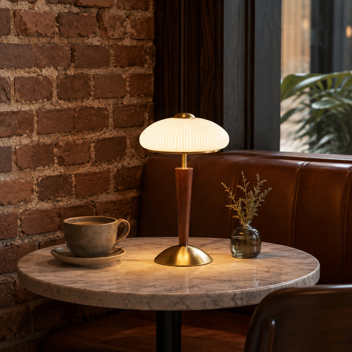 Arda fluted dome table lamp lit on a marble cafe table against an exposed brick wall