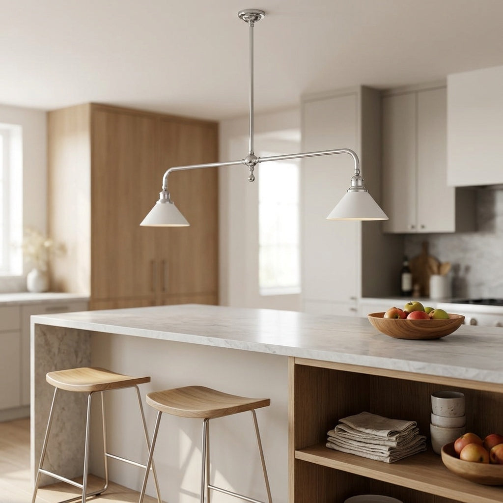 Ardila linear pendant with a polished chrome bar and two white aluminium cone shades, over a kitchen island