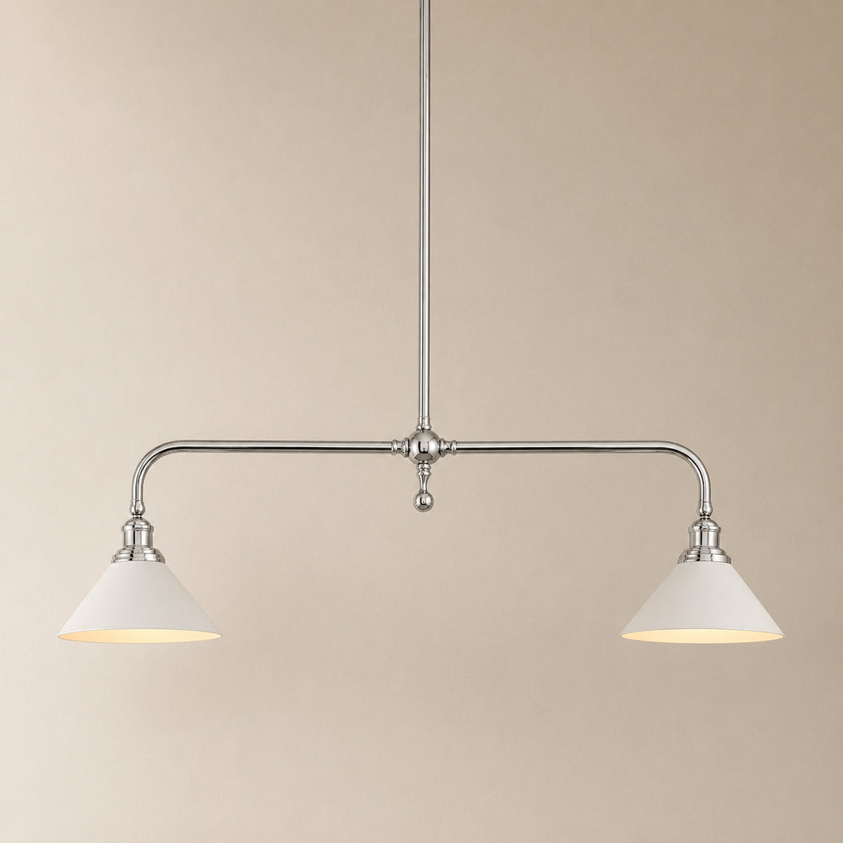 Ardila linear pendant with a polished chrome bar and two white aluminium cone shades