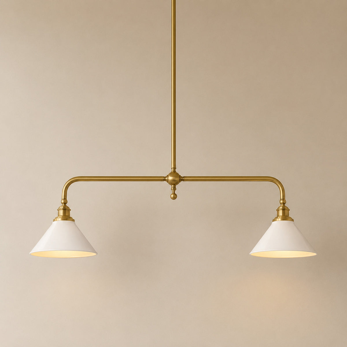Ardila linear pendant with an aged brass bar and two white ceramic shades
