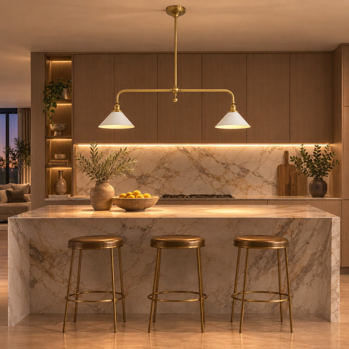 Ardila linear pendant with an aged brass bar and two white aluminium cone shades, shown in a room