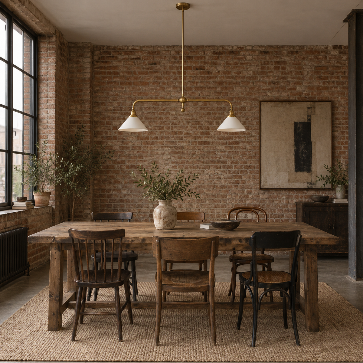 Ardila linear pendant ceiling light, brass & white finishes, in a loft.