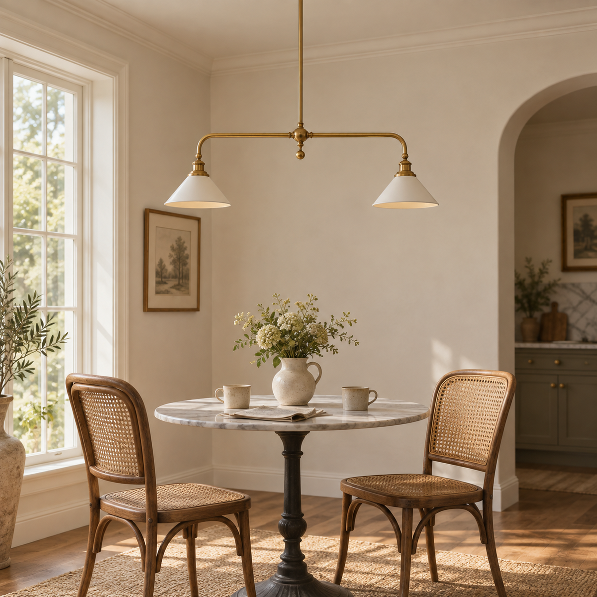 Ardila linear pendant ceiling light, brass & white finishes, beside a breakfast nook table.