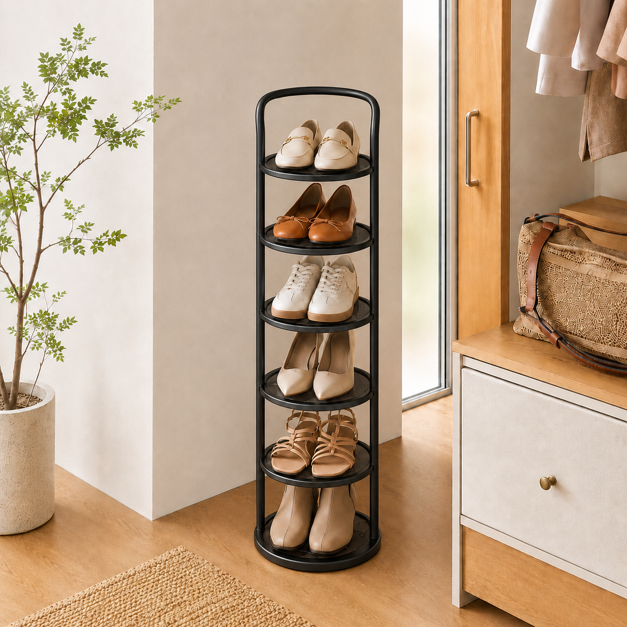 Black 6-tier Arribada shoe storage rack in entryway beside wardrobe and window