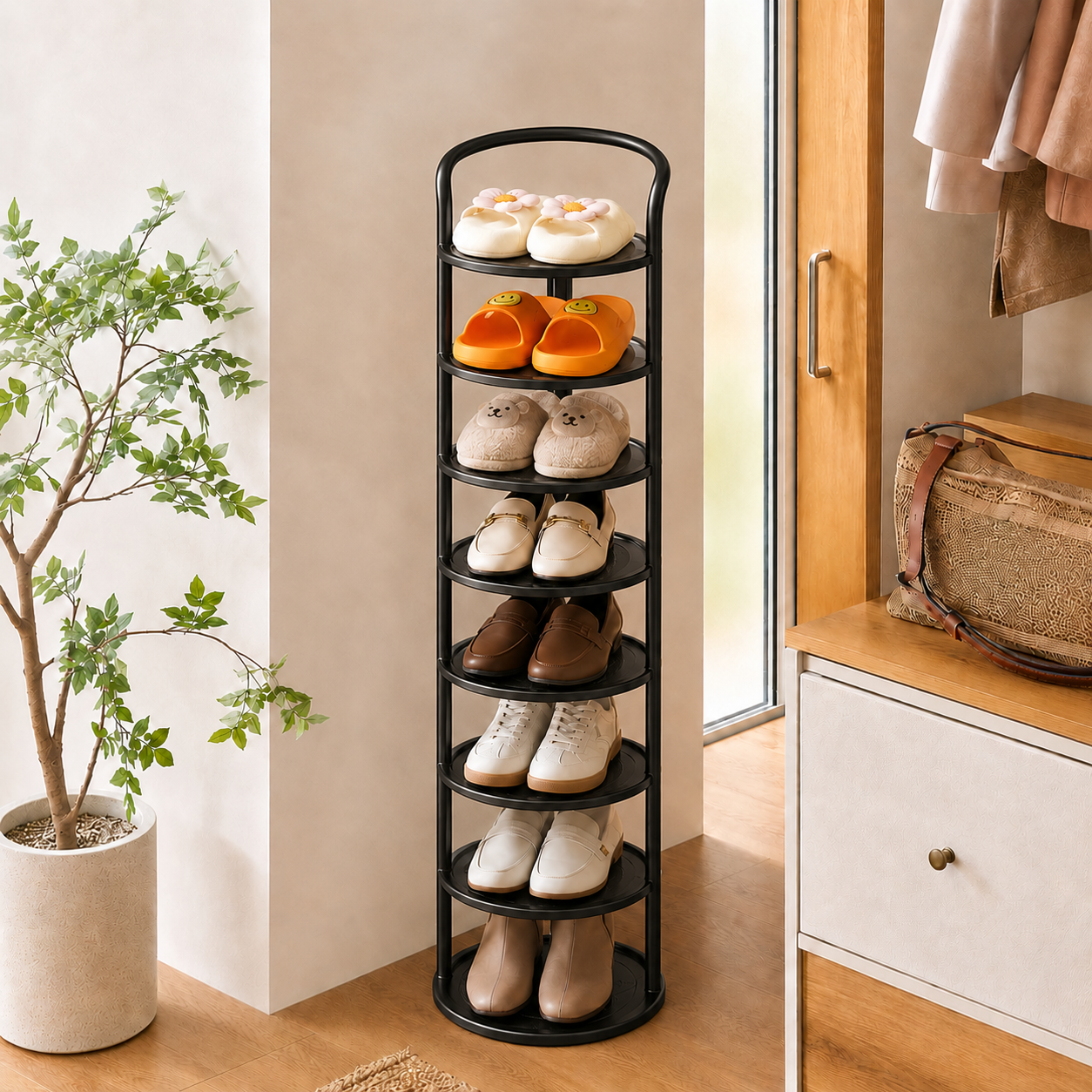 Black 7-tier Arribada shoe storage rack in entryway with neutral wardrobe and tree