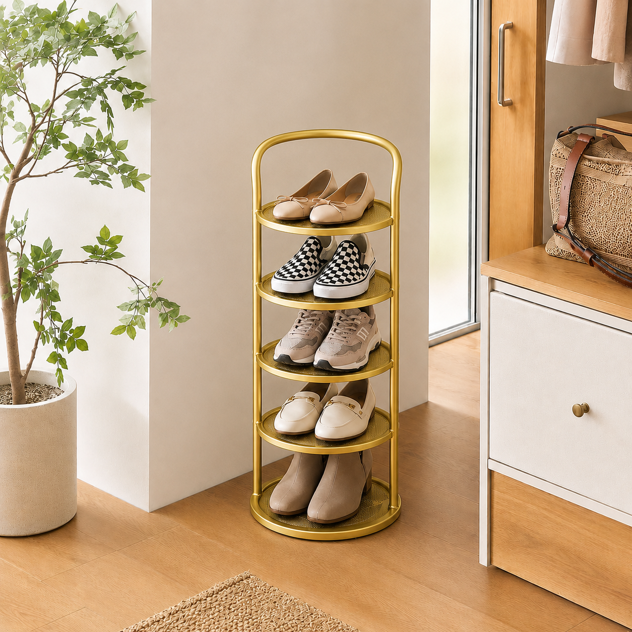 Gold 5-tier Arribada shoe storage rack in entryway beside potted plant and wardrobe