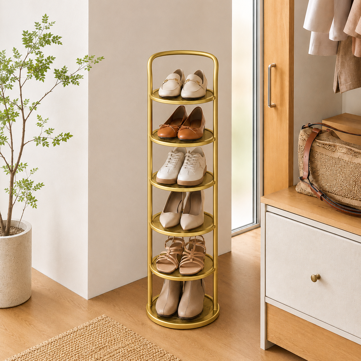 Gold 6-tier Arribada shoe storage rack in entryway with light wardrobe and window