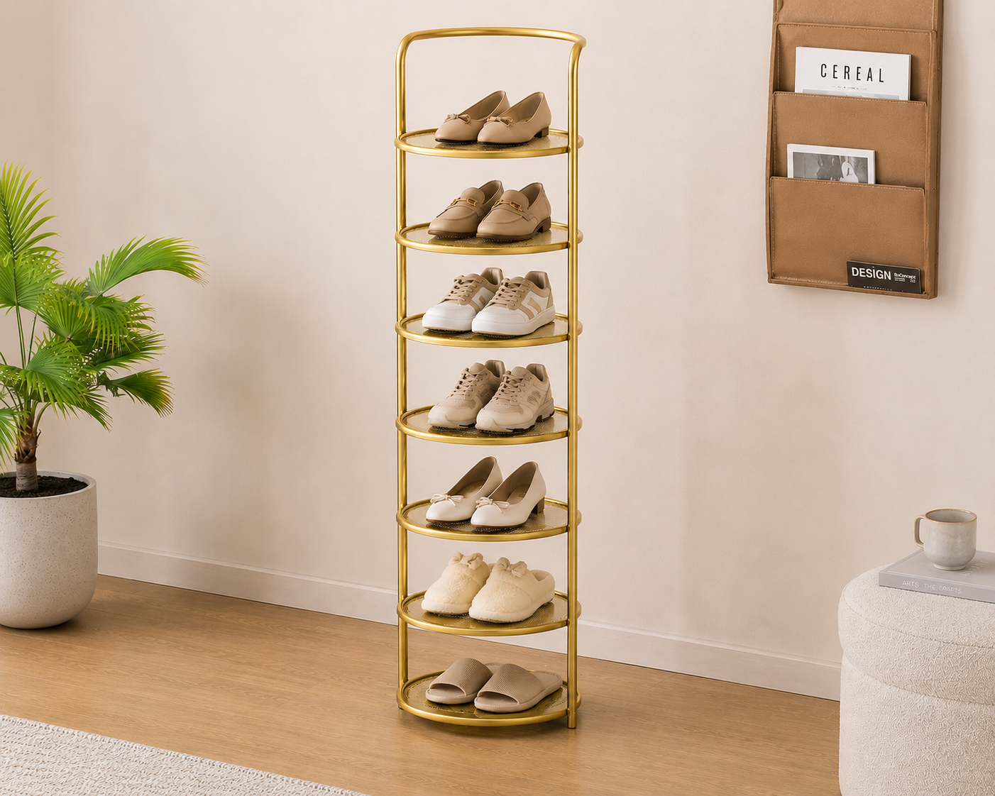 Gold 8-tier Arribada shoe storage rack beside palm plant and wall-mounted magazine holder