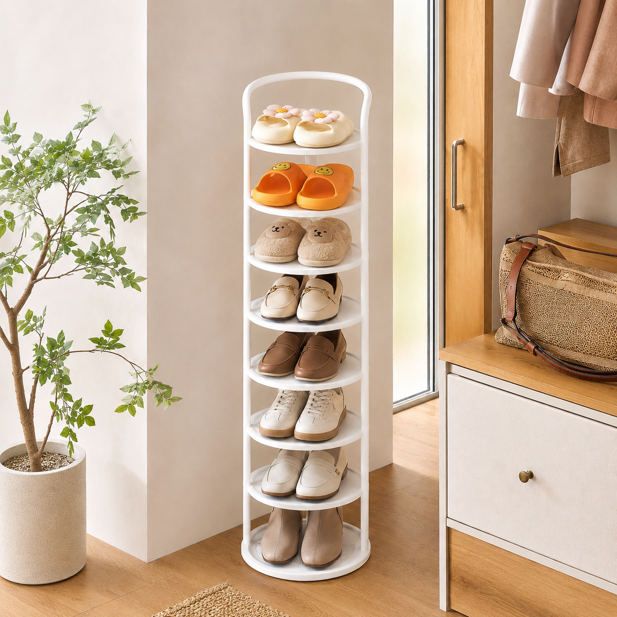 White 8-tier Arribada shoe storage rack in tall entryway with children's slippers and shoes