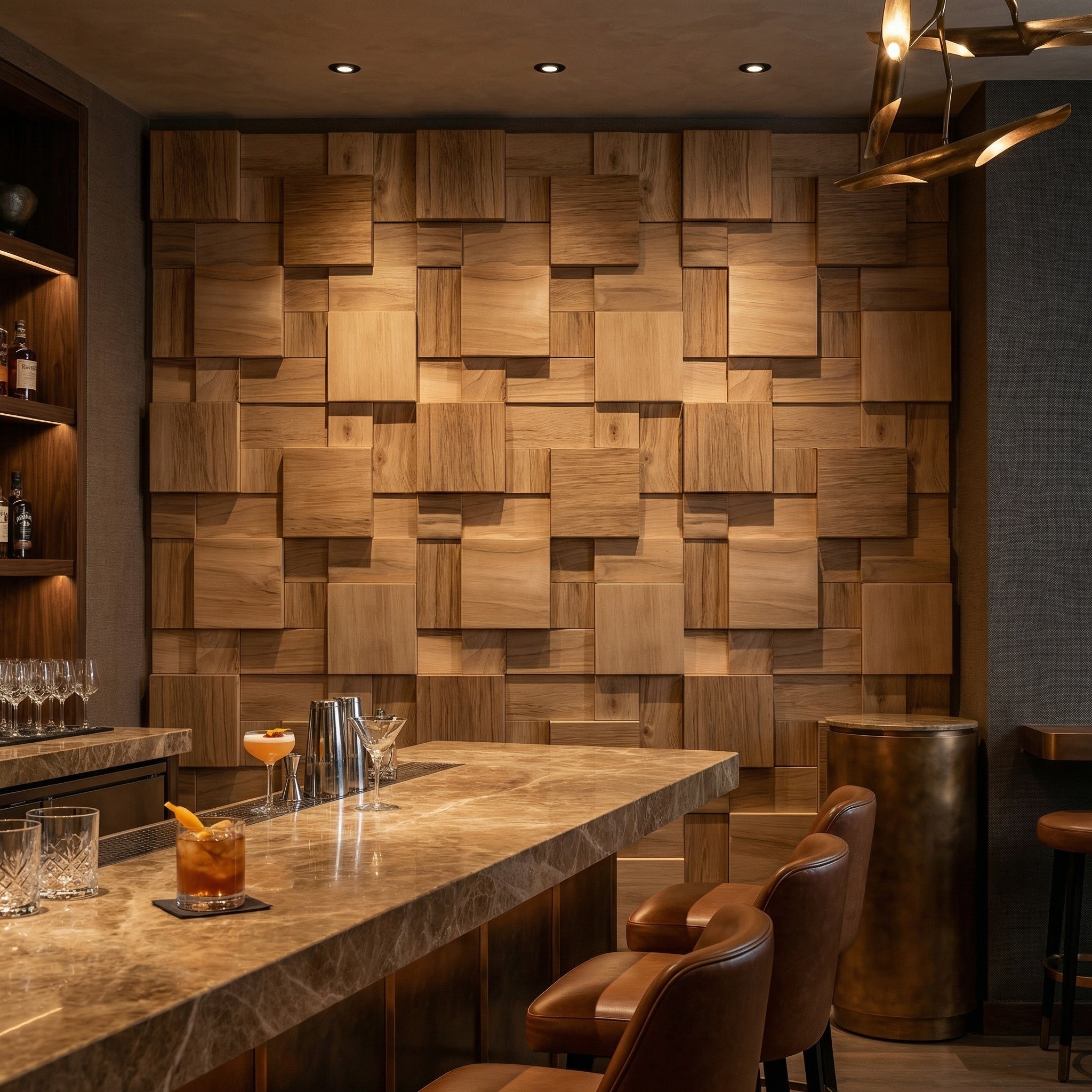 Atalaia wall panel across a bar lounge wall, walnut block mosaic in warm lighting.