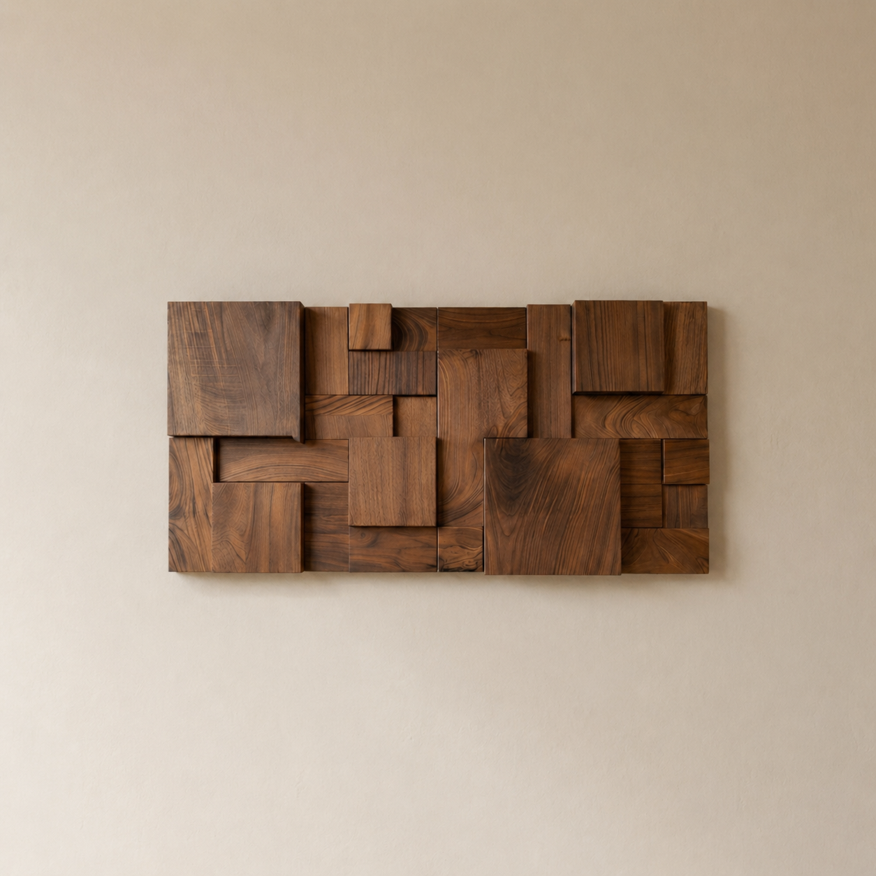 Atalaia wood mosaic wall panel in walnut, 30 x 60 cm rectangular format.