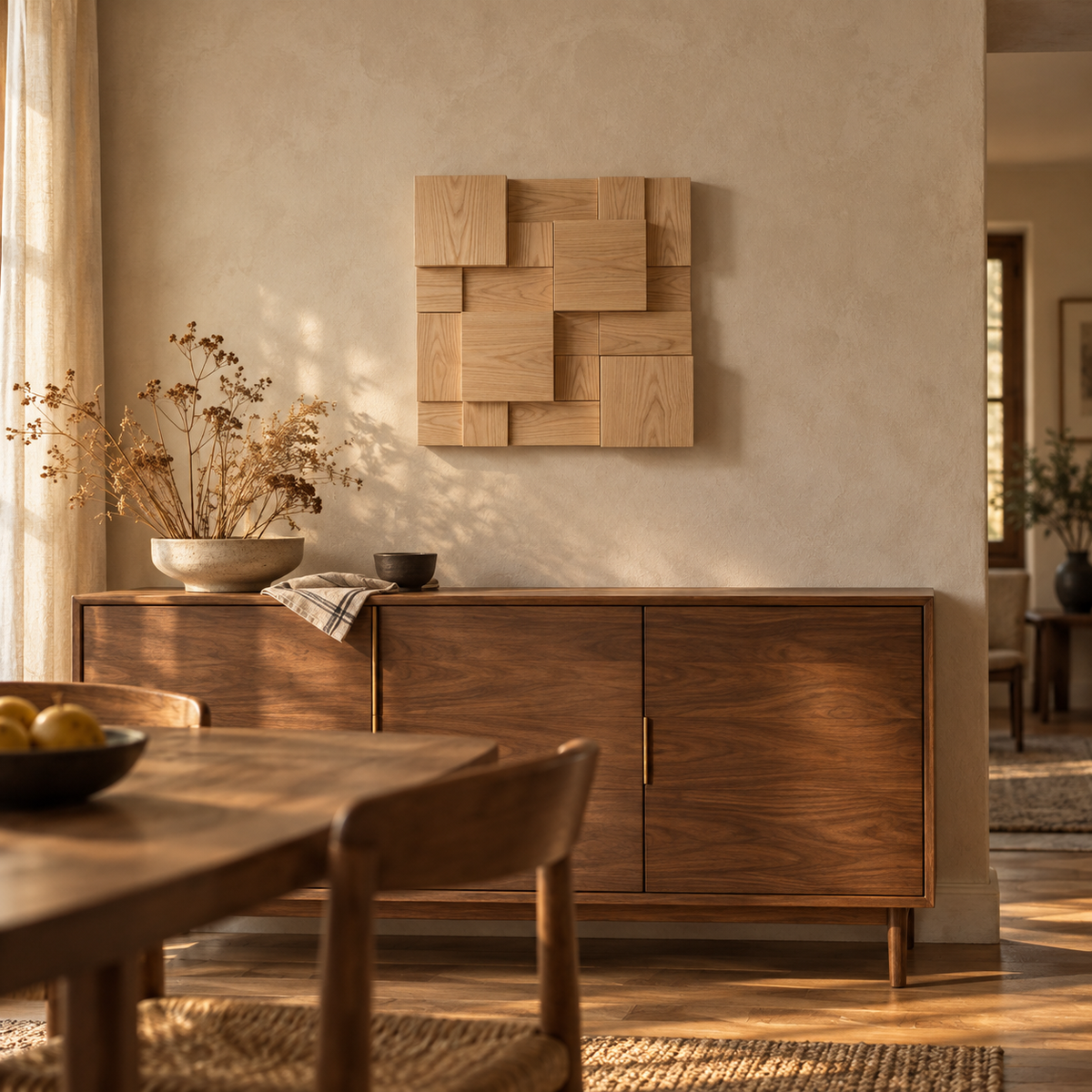 Atalaia wood mosaic wall panel, in a dining room.