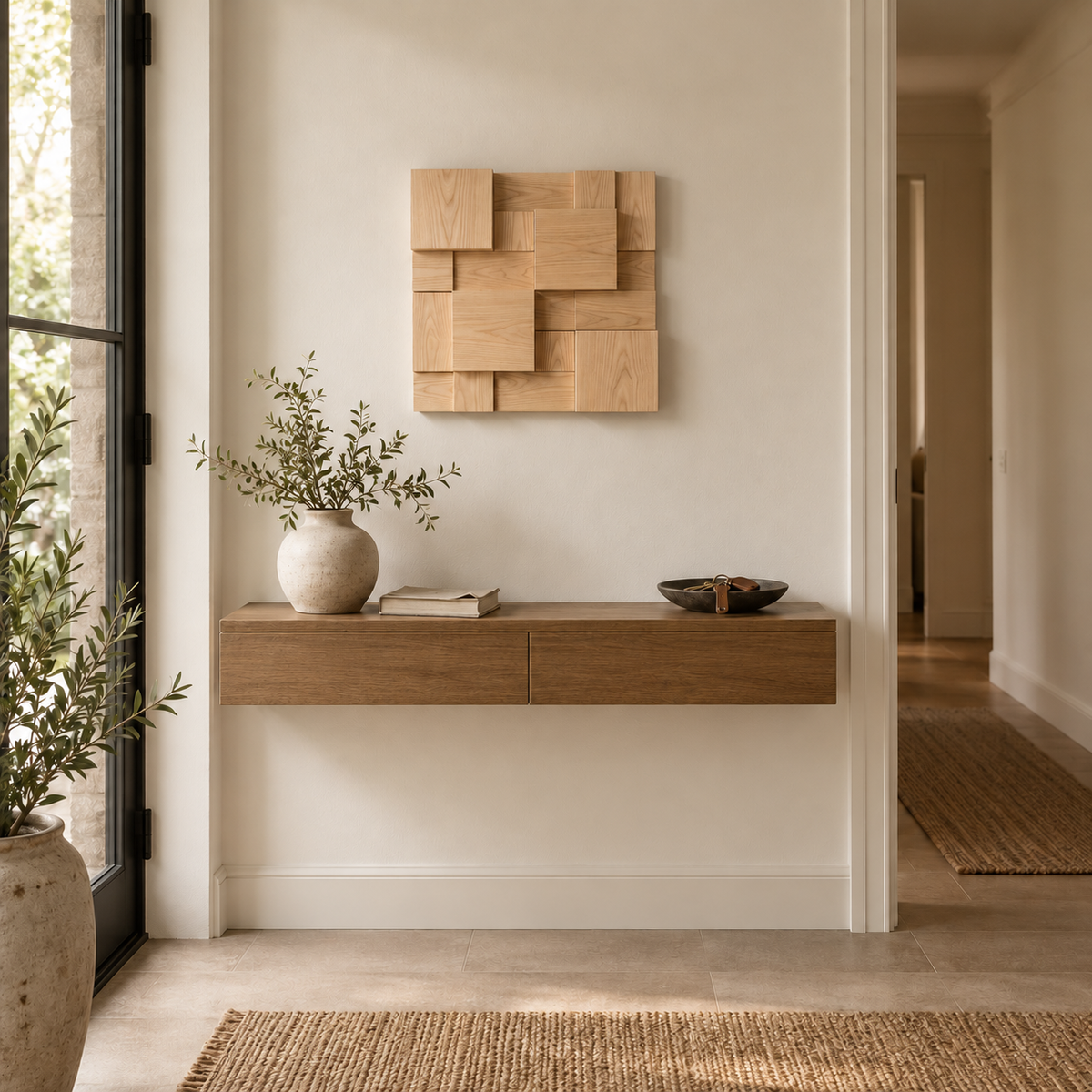 Atalaia wood mosaic wall panel, in an entryway.