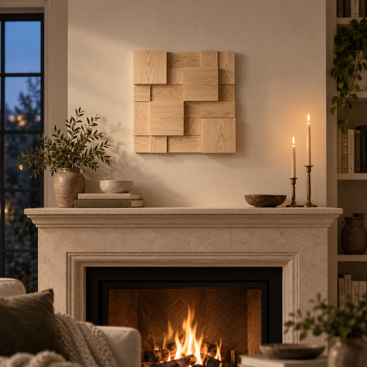 Atalaia wood mosaic wall panel, in a living room.