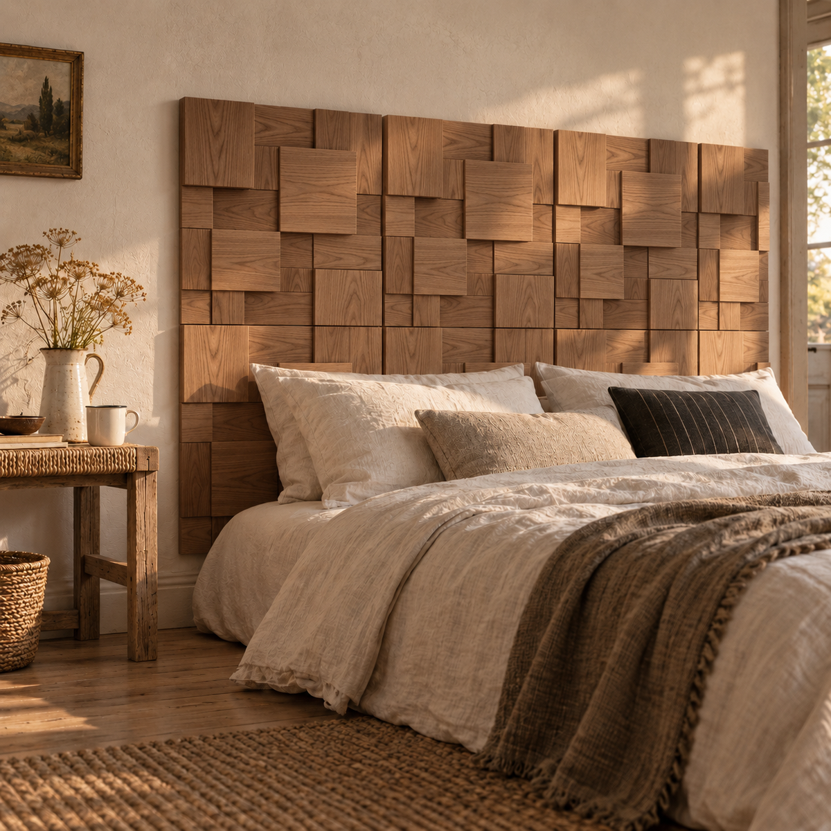 Atalaia wood mosaic wall panel, in a bedroom, beside a nightstand.