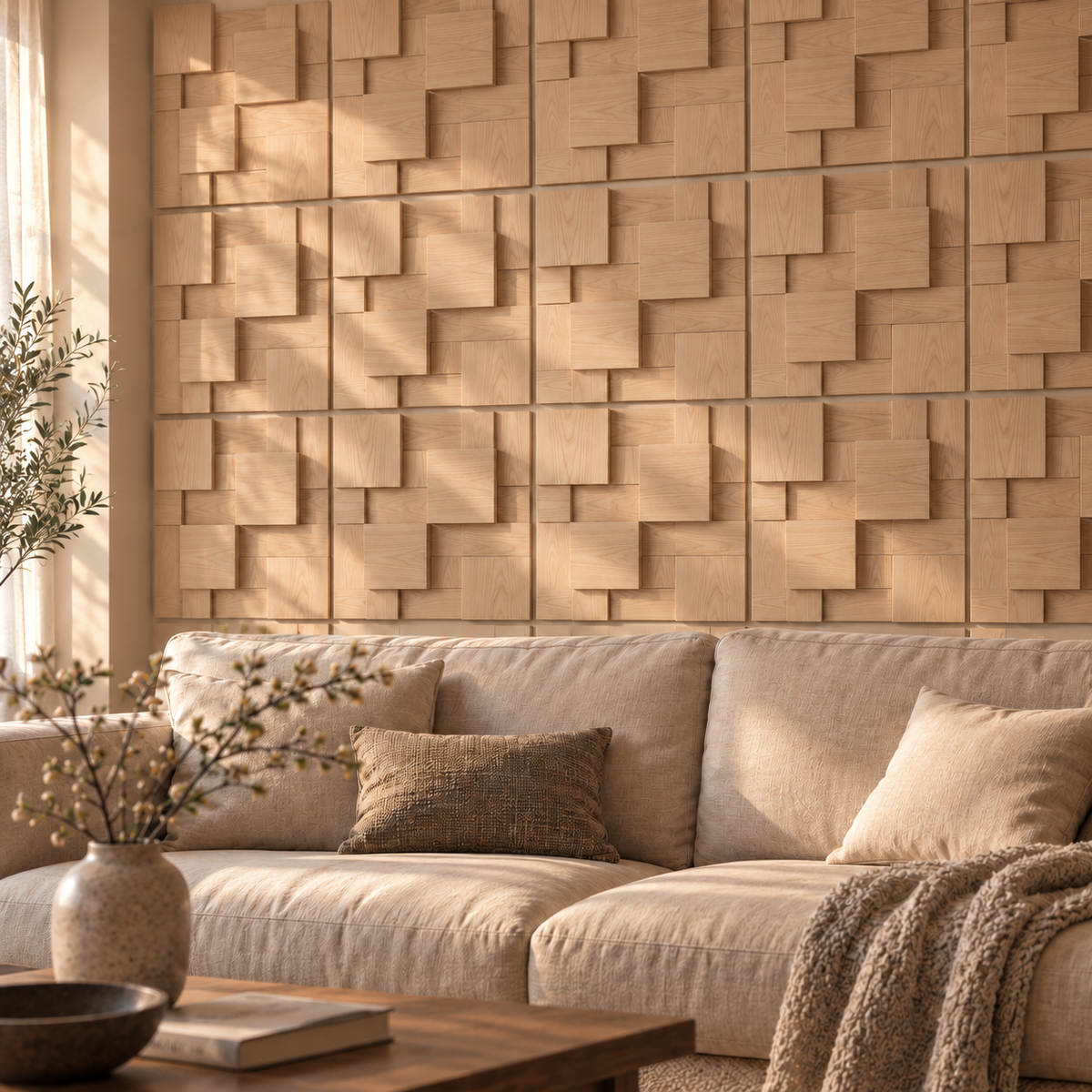 Atalaia wood mosaic wall panel, in a living room, beside a sofa.
