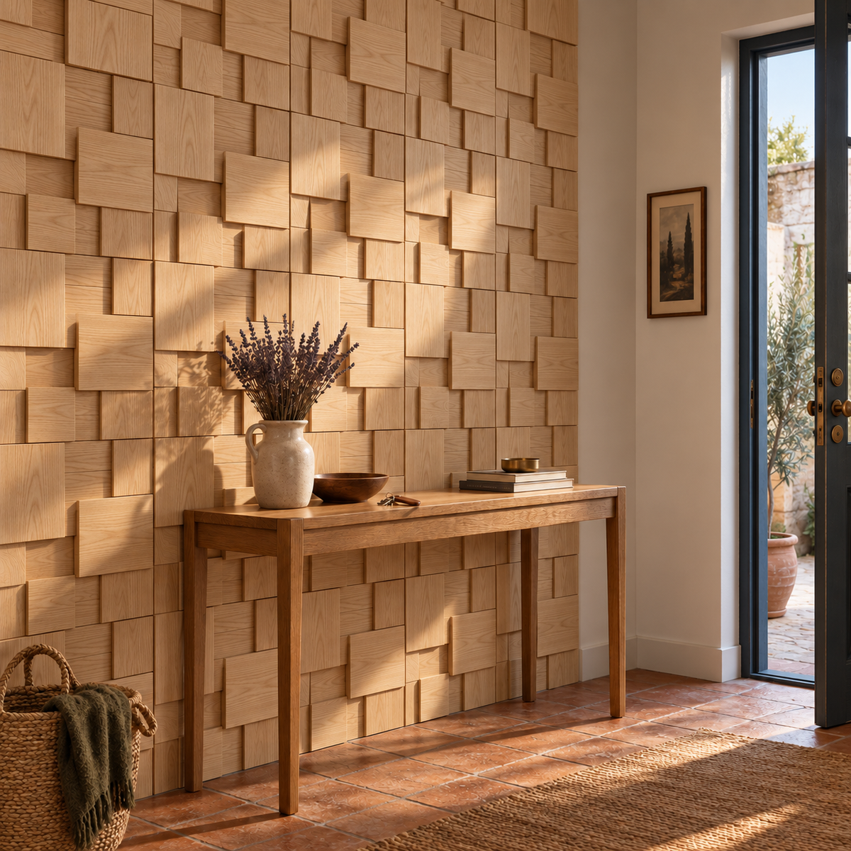 Atalaia wood mosaic wall panel, in an entrance hall.