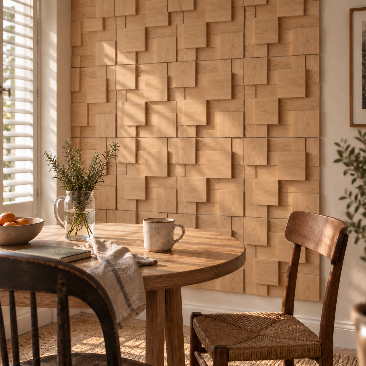 Atalaia wood mosaic wall panel, in a breakfast nook.