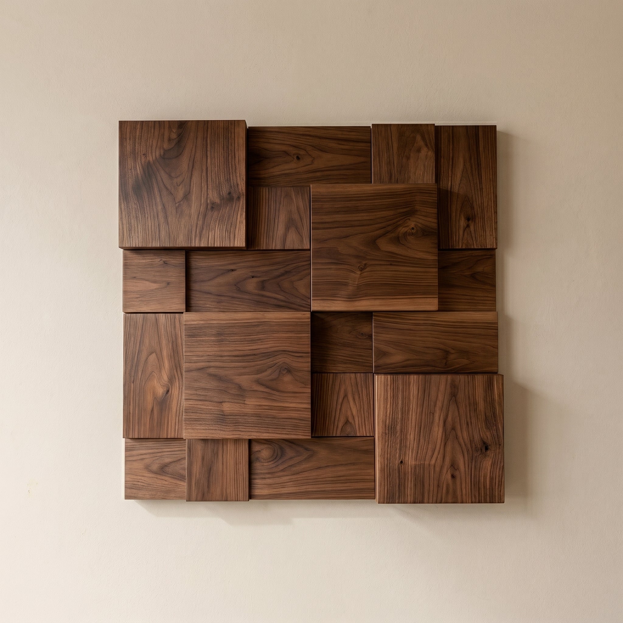 Atalaia wood mosaic wall panel in walnut, varying-depth blocks in a 30 x 30 cm panel.