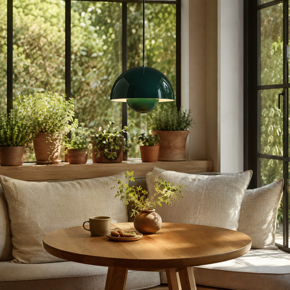 Ave hemisphere pendant in dark green on a matching fabric cord, 16 cm tall, shown in a room