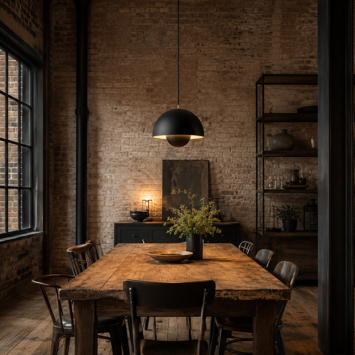 Ave hemisphere pendant in matte black on a matching fabric cord, 16 cm tall, shown in a room