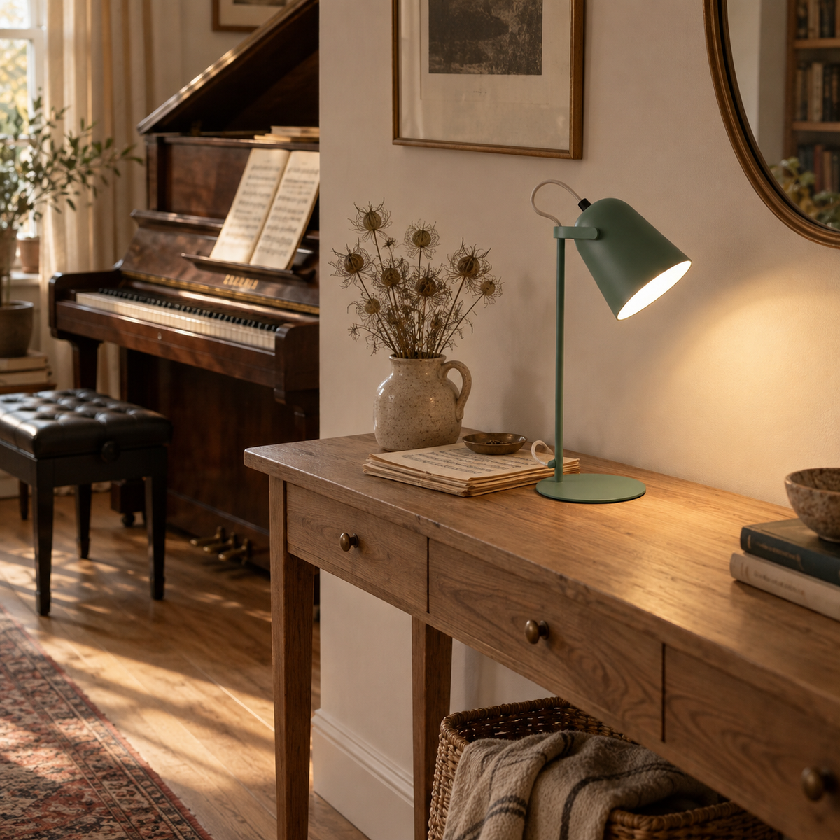 Aveiro iron bucket table lamp in green, beside a console table.