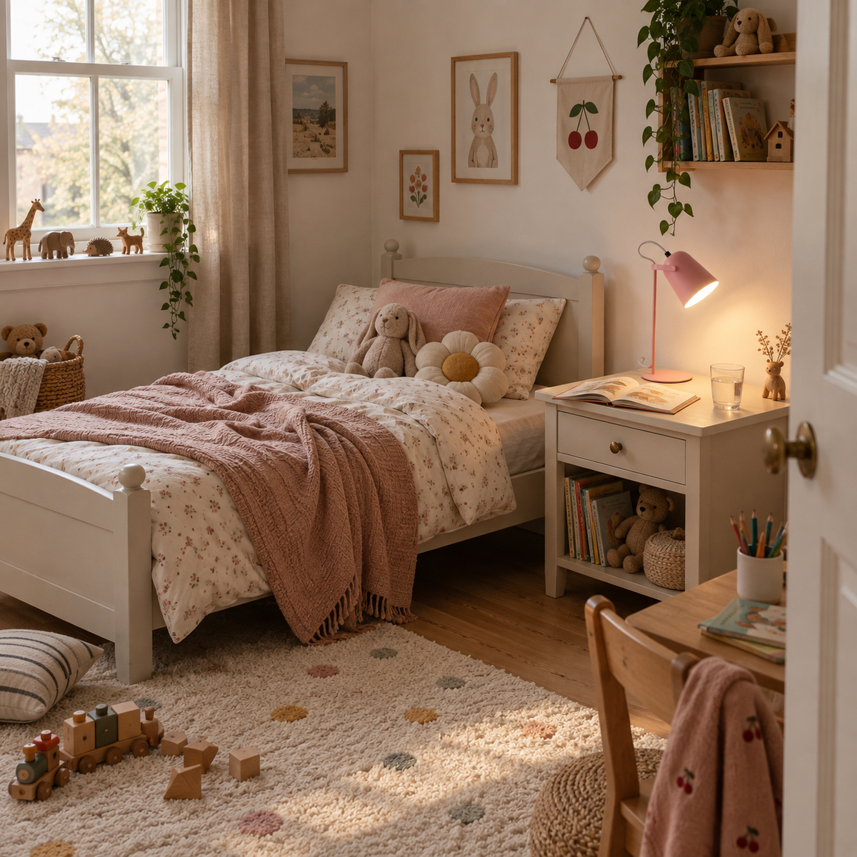 Aveiro iron bucket table lamp in pink, in a bedroom.