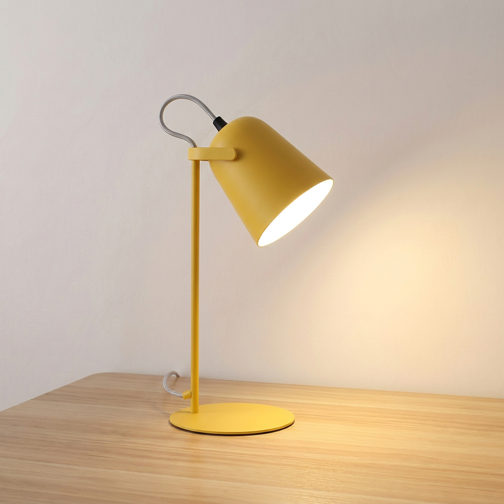 Iron bucket table lamp in macaron yellow with tilting shade head, product shot.