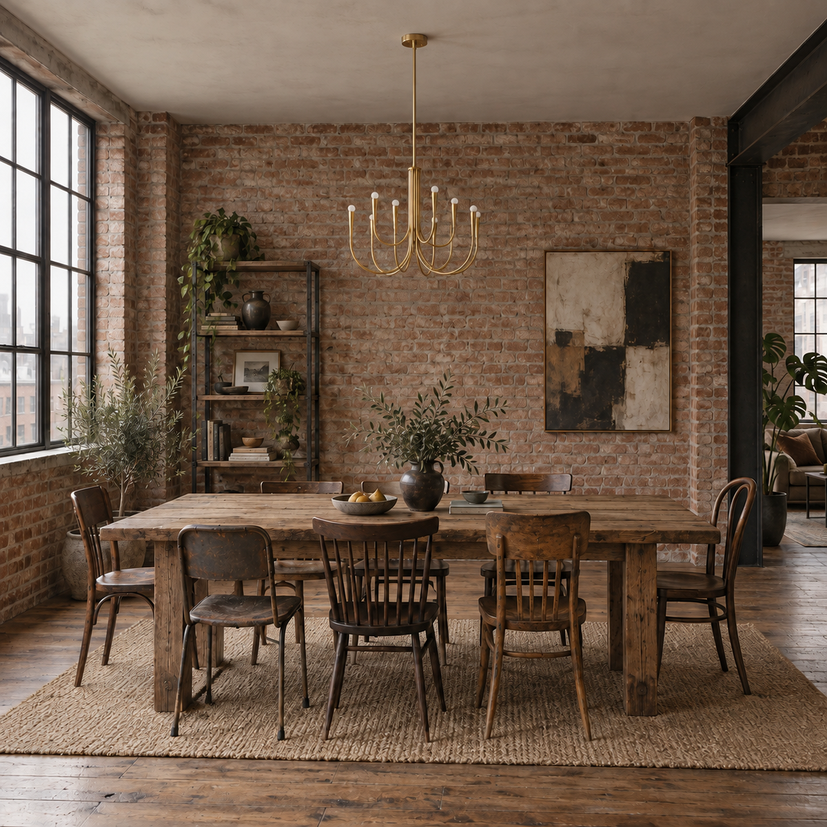 Balsemão curved-arm ceiling light, gold finishes, in a loft.