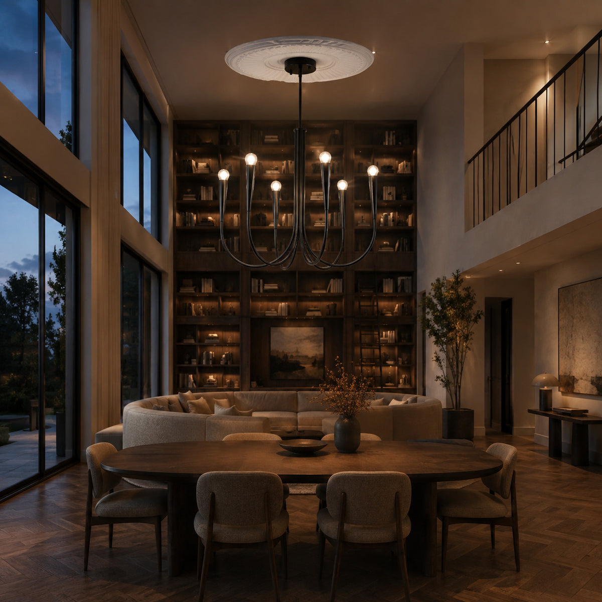 Balsemão curved-arm chandelier in matte black with 6 arms, shown in a room