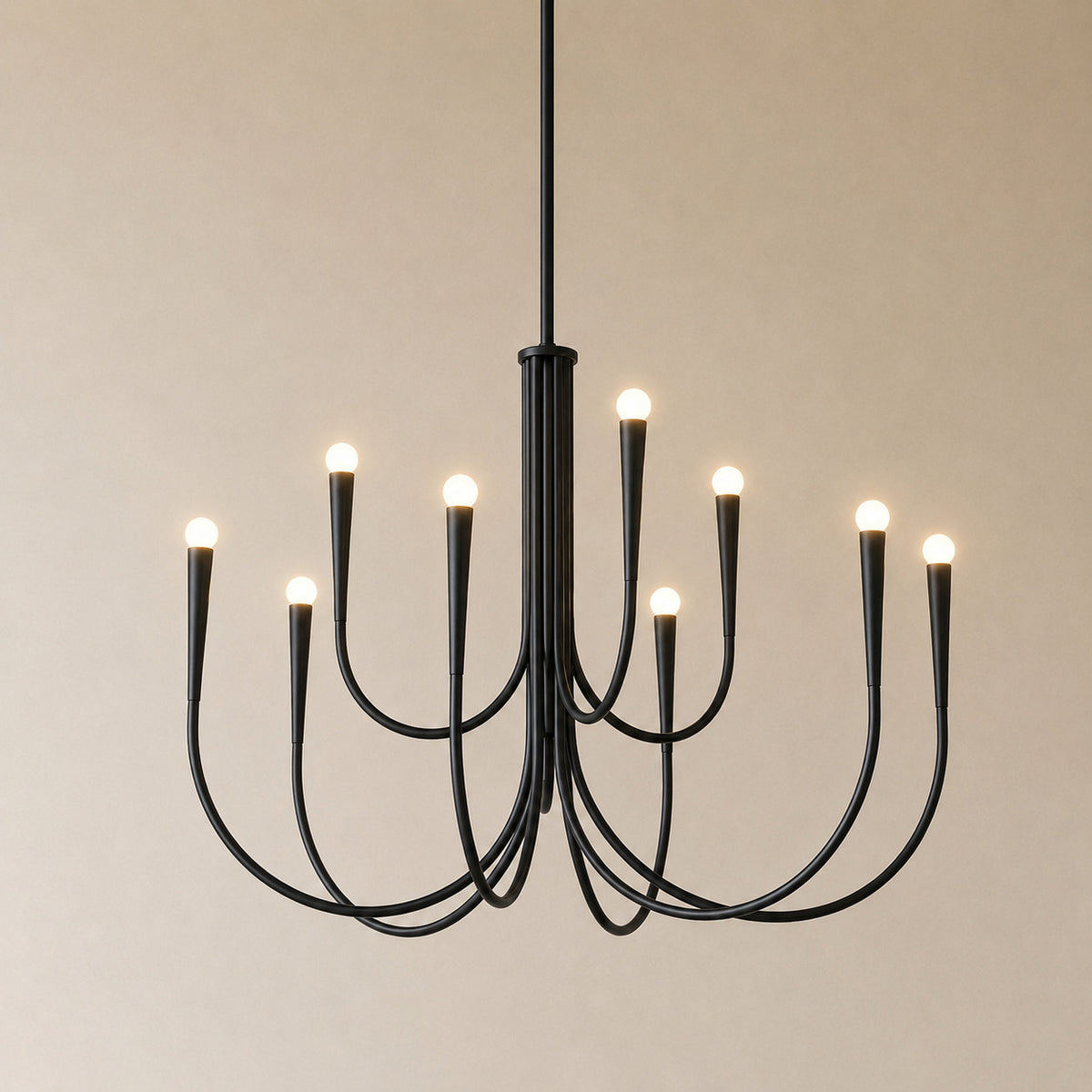 Balsemão curved-arm chandelier in matte black with 9 arms