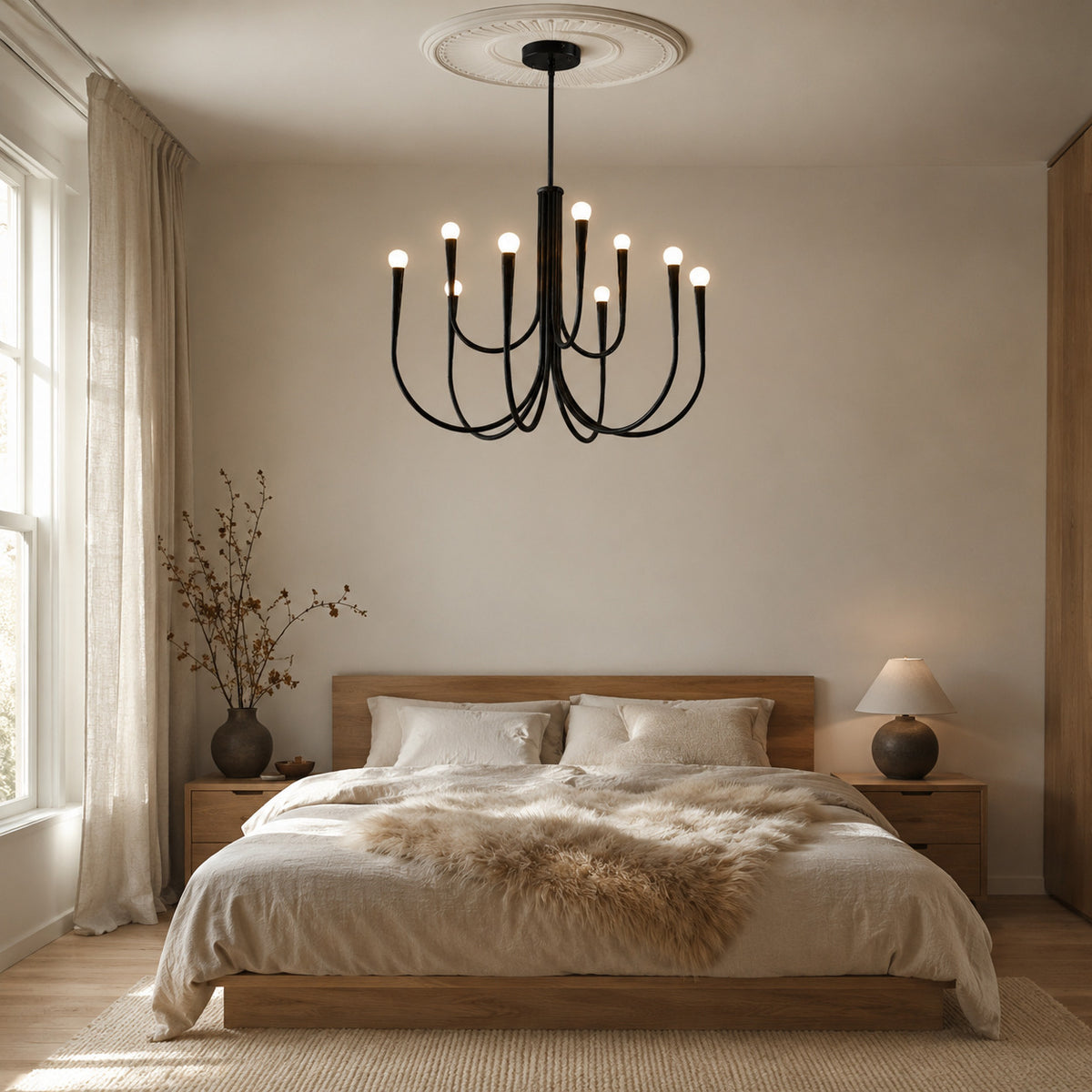 Balsemão curved-arm chandelier in matte black with 9 arms, shown in a room