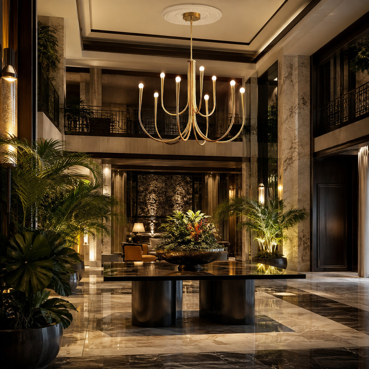 Balsemão curved-arm chandelier in polished gold with 9 arms, shown in a room