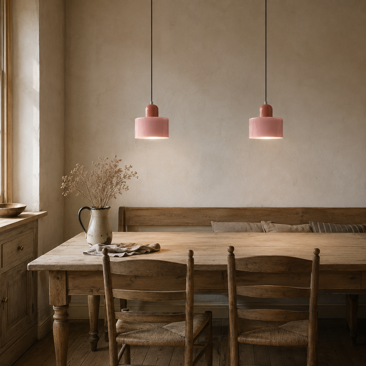 Barcelos Bauhaus glass mini pendant light in frosted green, hung as a row of 2 in a kitchen.
