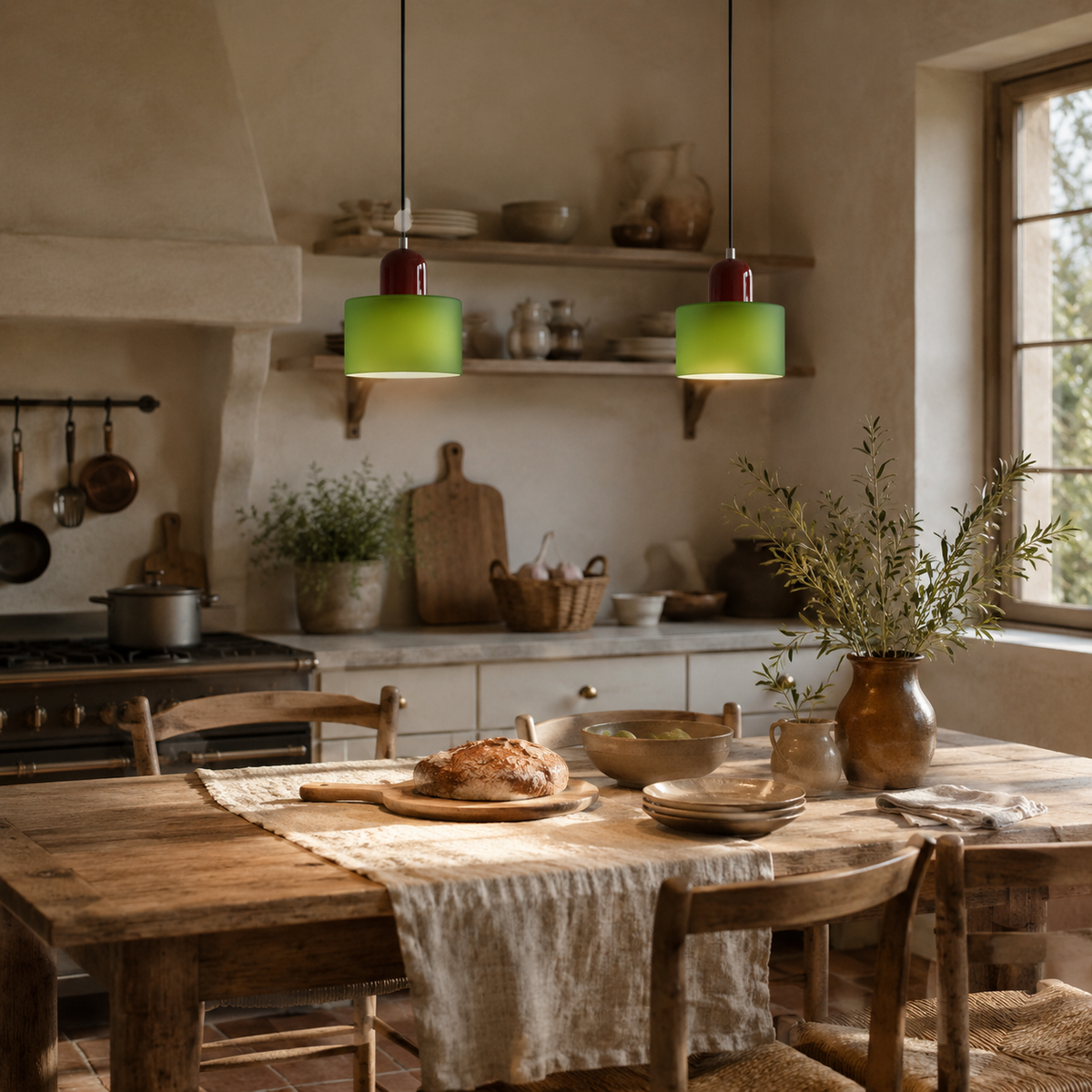 Barcelos Bauhaus glass mini pendant light in green, hung as a row of 2 in a kitchen.