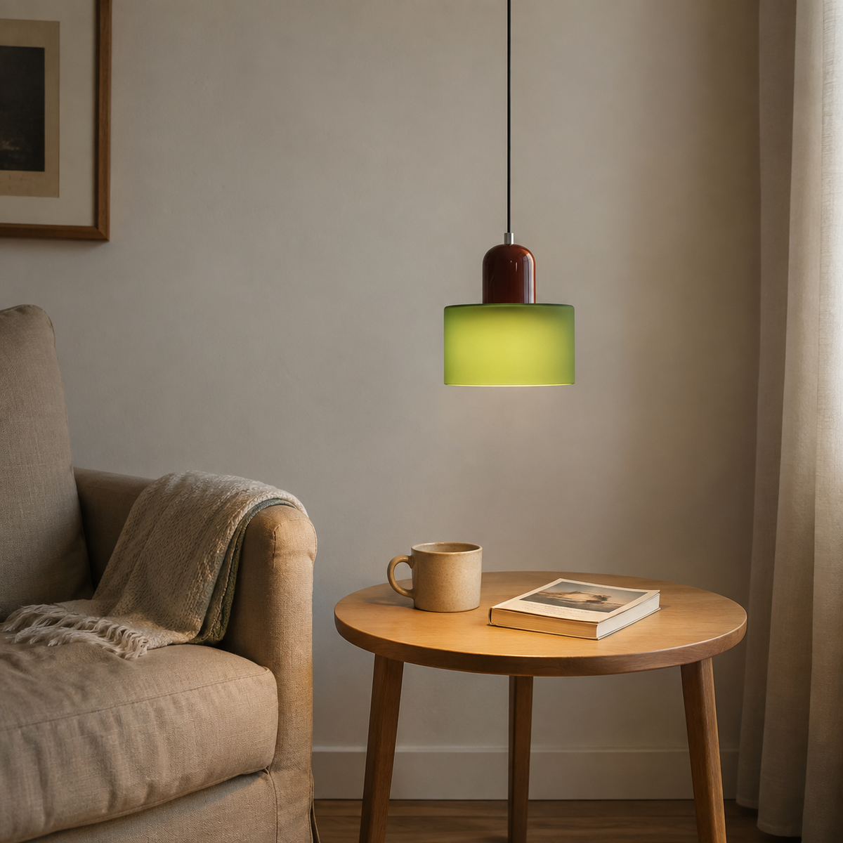 Barcelos Bauhaus glass mini pendant light, in a reading corner.