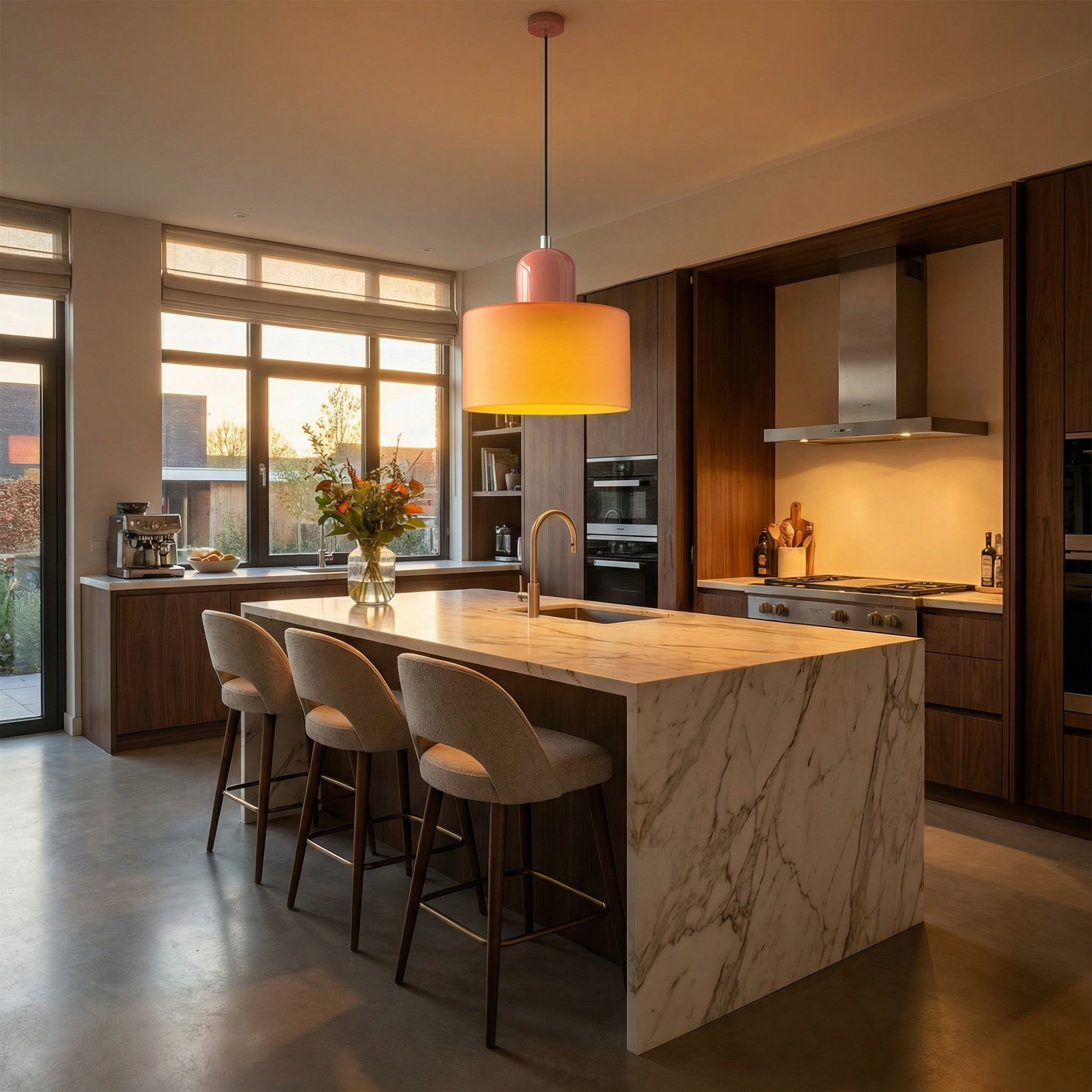 Barcelos Bauhaus glass mini pendant light glowing over a kitchen counter at home