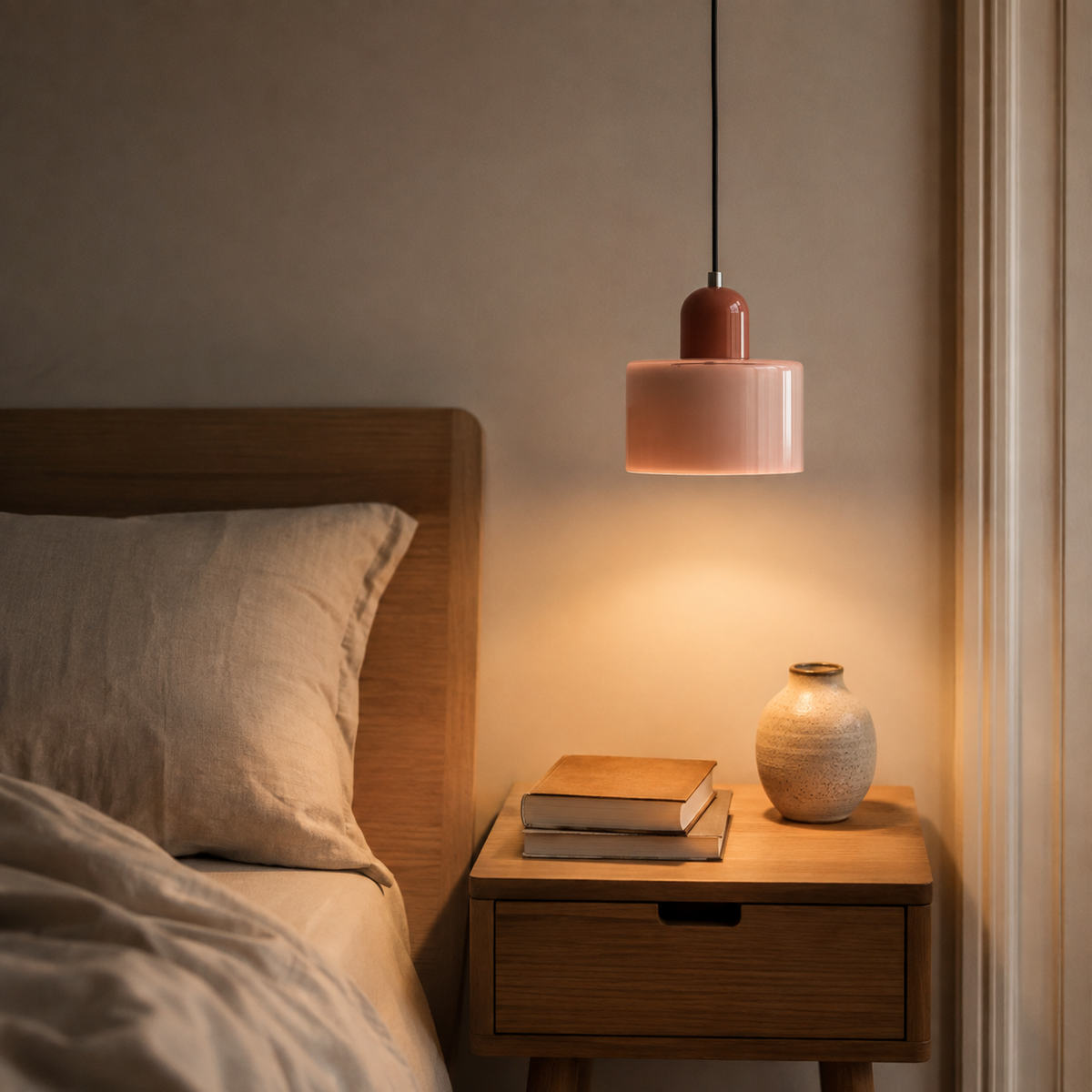 Barcelos Bauhaus glass mini pendant light in orange, in a bedroom.
