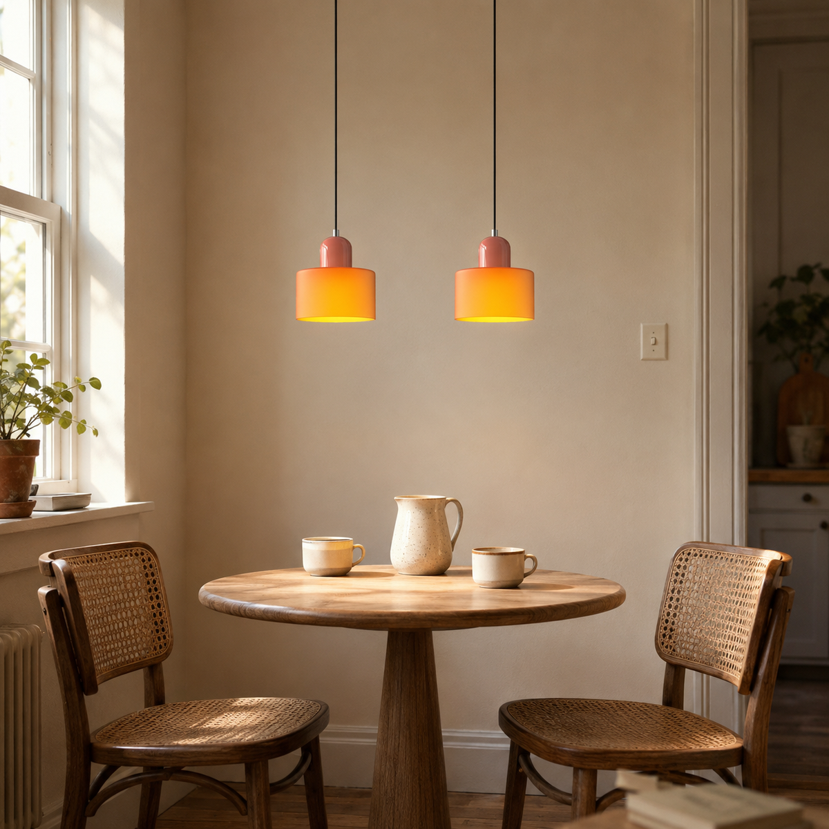 Barcelos Bauhaus glass mini pendant light in orange, hung as a row of 2 in a breakfast nook.