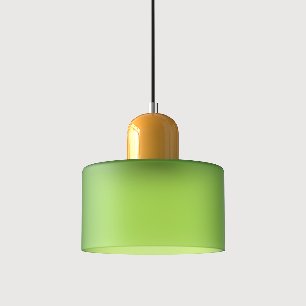 Barcelos Bauhaus glass mini pendant light in green glass shade with pink fitting