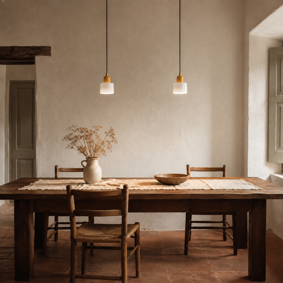 Barcelos Bauhaus glass mini pendant light in white, hung as a row of 2 in a dining room.
