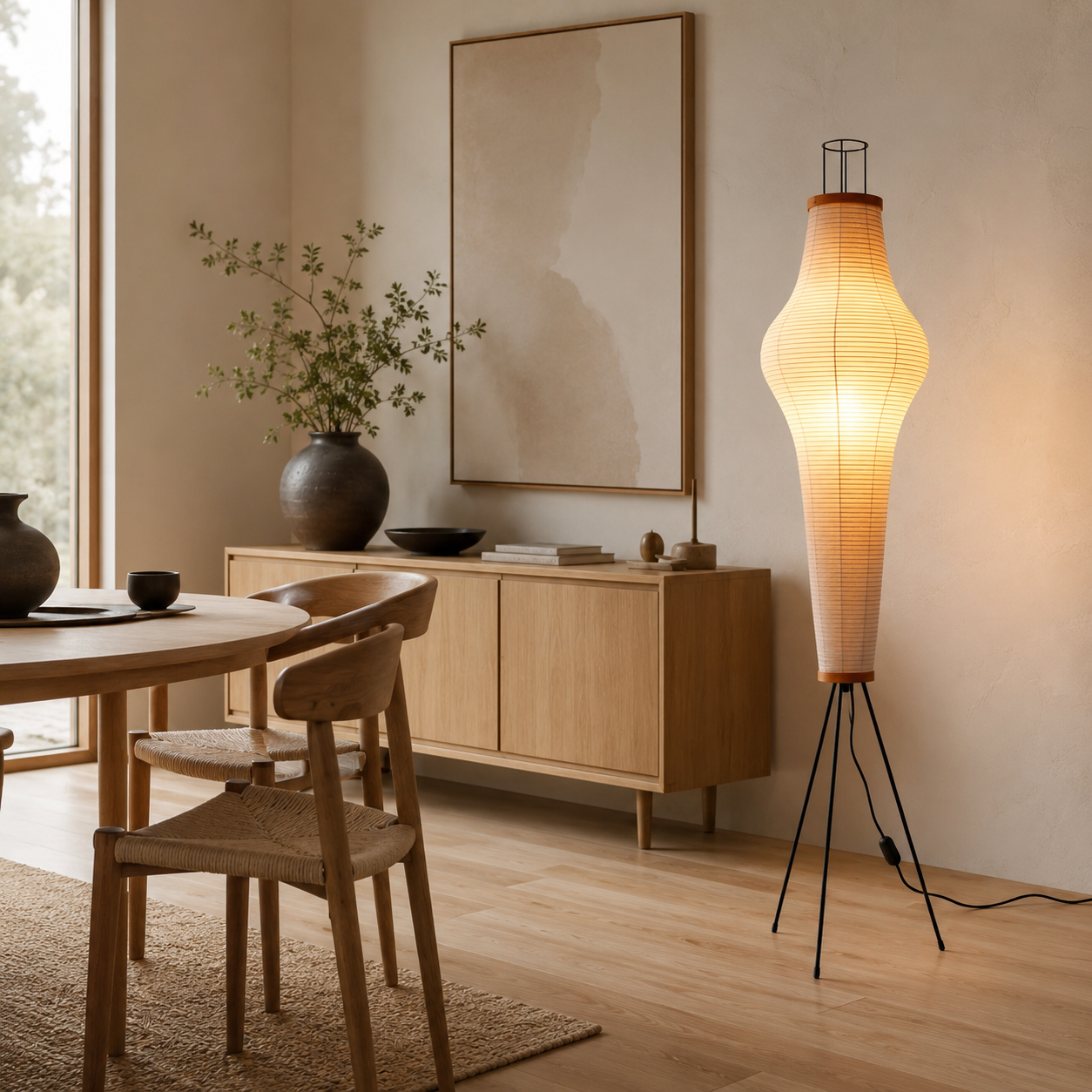 Elongated mulberry-paper floor lamp beside a wooden dining sideboard.