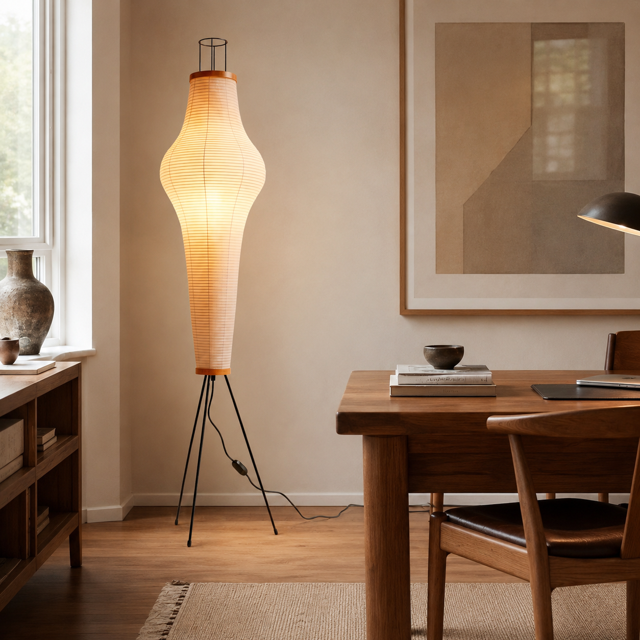 Elongated mulberry-paper floor lamp beside a wooden desk and chair.