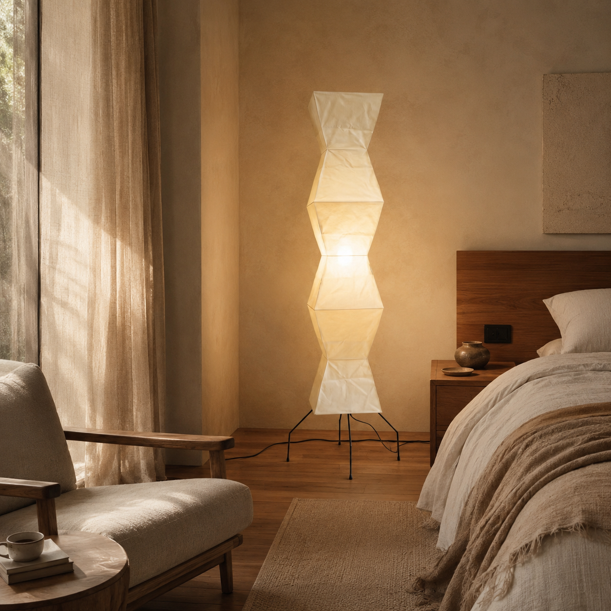 Faceted mulberry-paper floor lamp beside a bed in a neutral plaster-wall room.