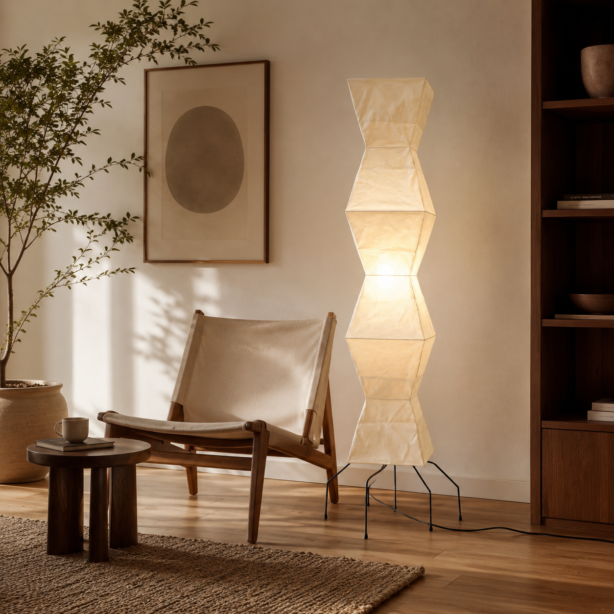 Faceted mulberry-paper floor lamp beside a canvas sling chair and bookshelf.