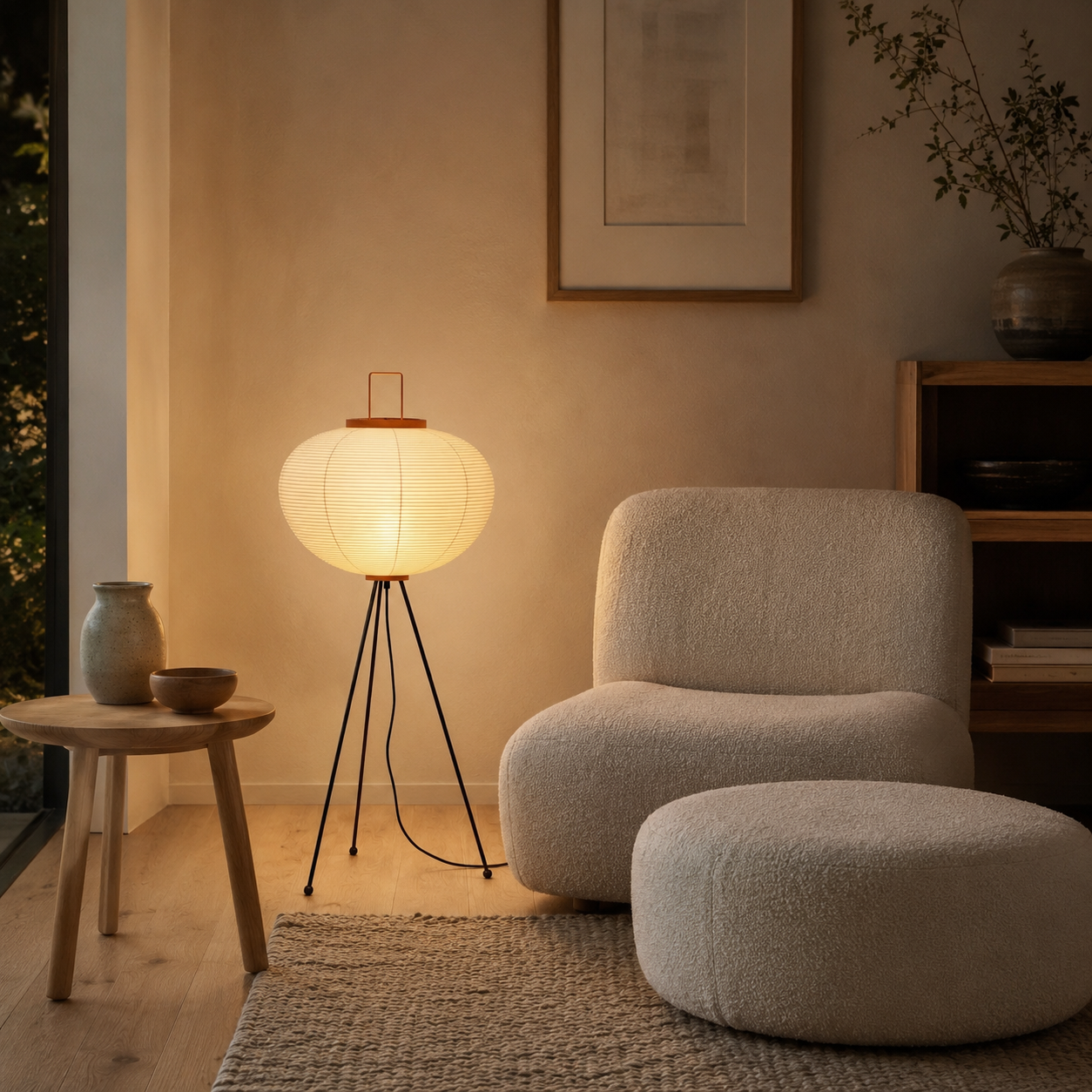 Round mulberry-paper lantern floor lamp beside a boucle armchair and ottoman.