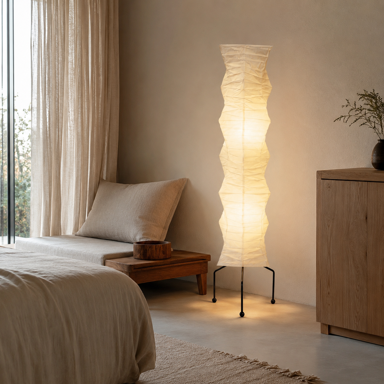 Stacked mulberry-paper floor lamp beside a bed in a neutral room.